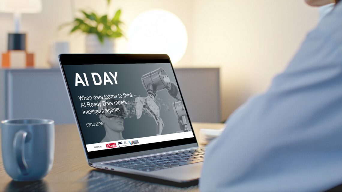Person sitzt an einem Schreibtisch und schaut auf einen Laptopbildschirm, auf dem eine Folie mit der Aufschrift ‚AI DAY – When data learns to think – AI Ready Data meets intelligent agents, 02/12/2025‘ zu sehen ist. Das Event wird von it’s OWL und Partnern veranstaltet.
