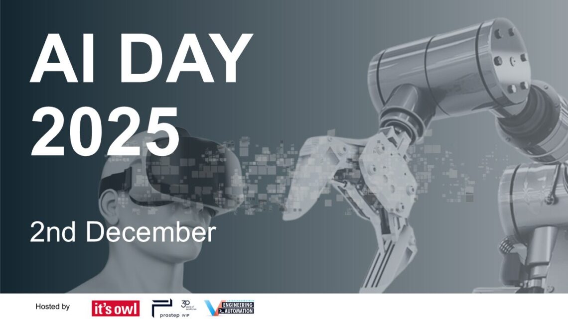 Person sitzt an einem Schreibtisch und schaut auf einen Laptopbildschirm, auf dem eine Folie mit der Aufschrift ‚AI DAY – When data learns to think – AI Ready Data meets intelligent agents, 02/12/2025‘ zu sehen ist. Das Event wird von it’s OWL und Partnern veranstaltet.